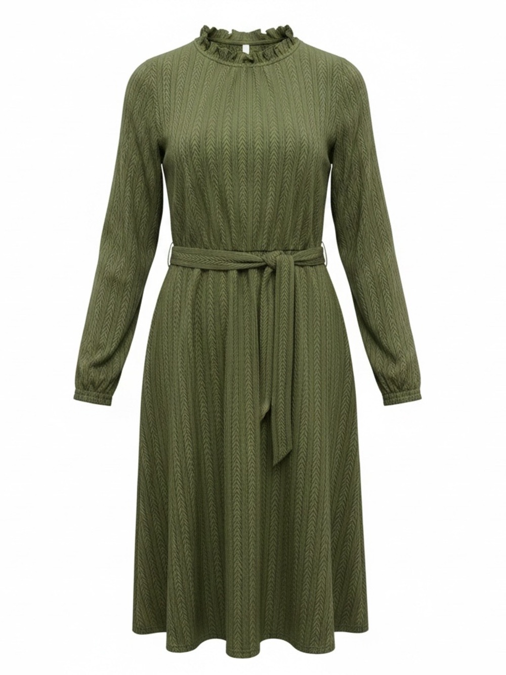 Grace Karin Women’s Large NWT Olive Green Midi Dress Long Sleeve Belted Ruffle